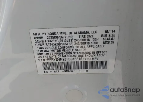 2015 Acura Mdx z USA, uszkodzony, nr VIN 5FRYD4H28FB016816